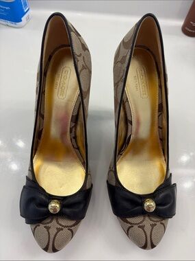 Coach Brown Signature Canvas Pointed-Toe Pumps with Black Bow